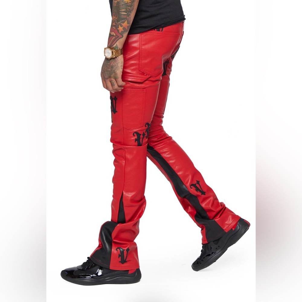 NWT MEN’S VALABASAS STACKED "ALI" RED BLACK LEATHER PANTS SIZE 30 - Picture 2 of 13